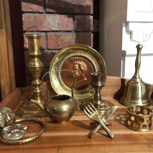 Vintage Brass Lot -10 items - bell, candle holders, napkin holders, etc